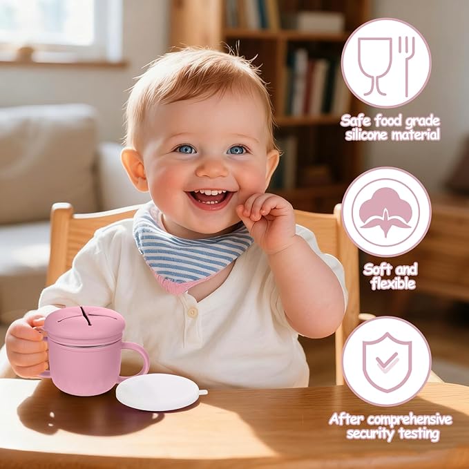 Toddler Snack Containers Stainless Steel Spill-Proof Snack Containers for Toddlers with Spill-Proof Silicone Lids and Handles 4-in-1 Baby Snack Cup is Dishwasher Safe for Easy use On The Go（Pink）