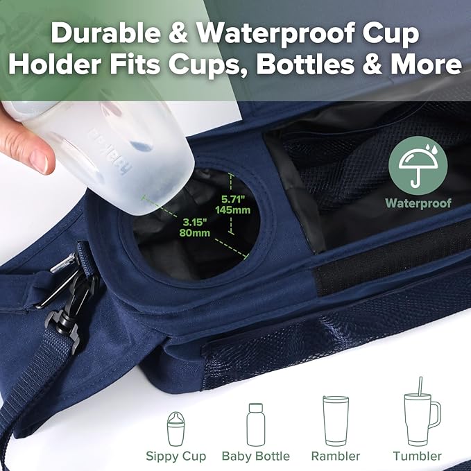 haakaa Universal Stroller Organizer - Bluestone, Single Cup Holder, Stroller Caddy Accessories with Shoulder Strap & Extra Non-Slip Stroller Hook, Fits Most Strollers