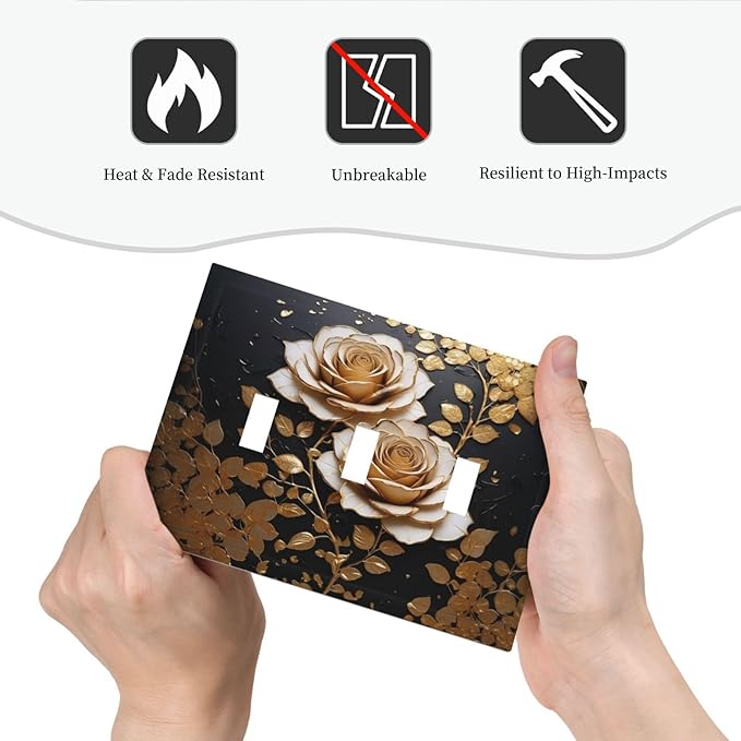 Decorative Light Switch Plate Covers Big Golden White Roses Glod Leaves Black Background 3 Gang Wall Plate Switch Cover Plate Triple Toggle Jumbo Electrical Faceplate for Home Decor