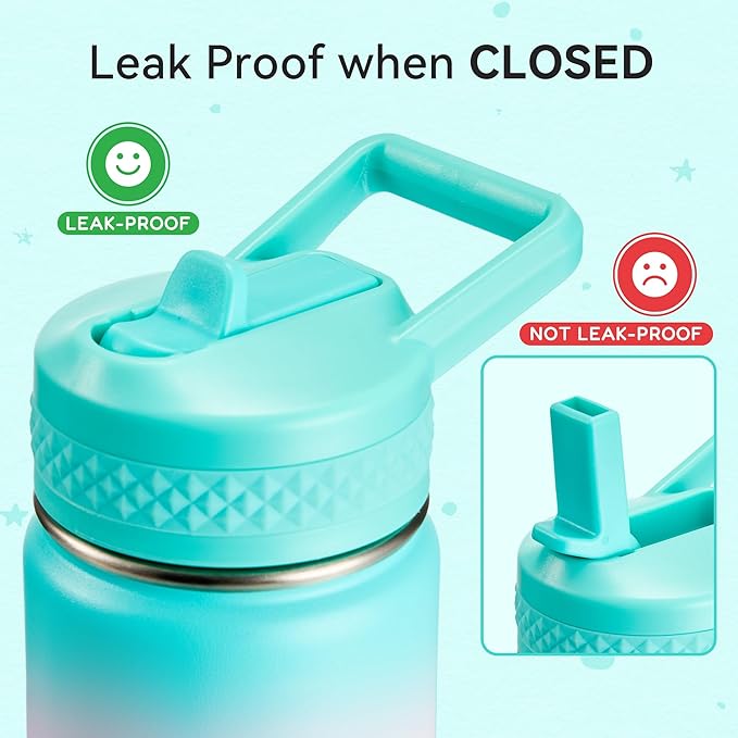Fijinhom 12 oz Kids Water Bottle, Toddler Water Bottle with Straw, Boys&Girls Bottle for School, 304 Stainless Steel Vacuum Insulated Bottle for Kids, BPA-Free, Leak-Proof, Aurora