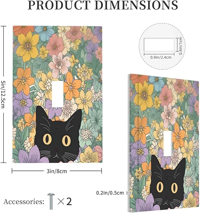 Decorative Light Switch Cover Funny Cute Cartoon Cat Floral Colorful Flower 1 Gang Single Toggle Device Electrical Faceplate Switchplates Decorator Outlet Wall Plate For Kids Room Nursery