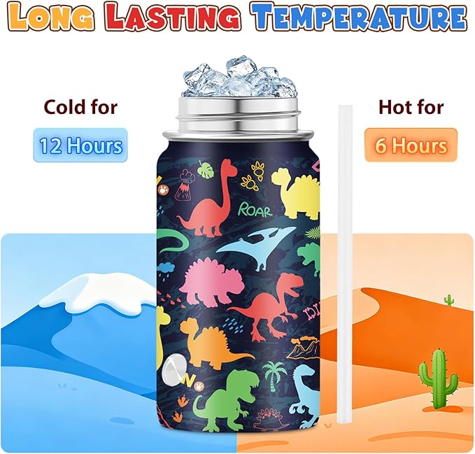 Dinosaur Gifts for Boys, 12oz Colorful Dino Water Bottle with Straw Lid, BPA-Free, Leakproof Stainless Steel Insulated Bottle for Boys & Girls, School, Travel - Dino Lovers Birthday Gift Cup (1pc)