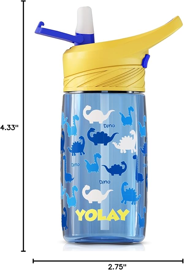 YOLAY 15oz Kids Water Bottle For School Boys and Girls, Durable Toddler Water Bottle with Straw Lid Leak-Proof, Spill Proof, Easy Clean and Dishwasher Safe with Re-Usable and BPA Free - Dino