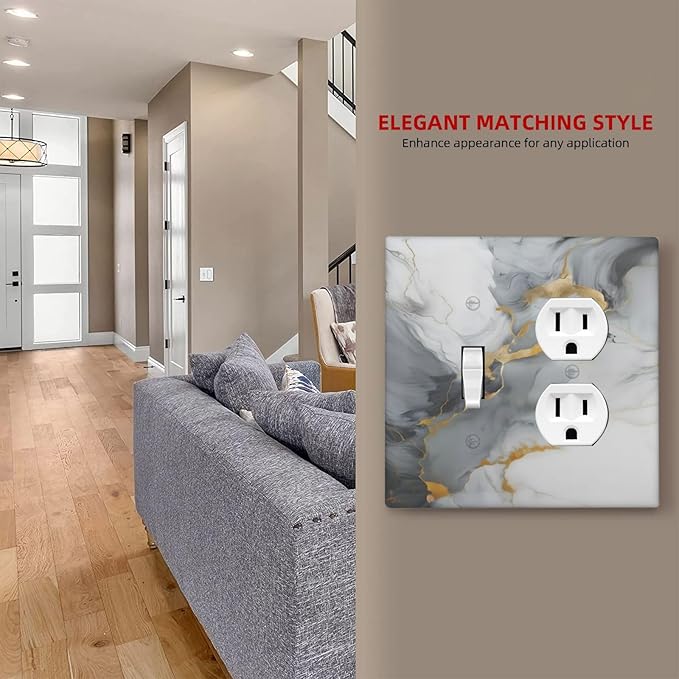 Gold Marble Grey Art Abstract Luxury Print Wallplates 1 Toggle 1 Duplex Switch Plate Electrical GFCI Faceplate Decorative Light Switch Covers for Kitchen Bathroom Decor