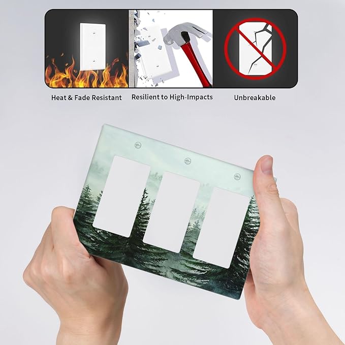 Forest Pinetrees Misty Landscape Nature Light Switch Covers 3 Gang Rocker Decorative Triple Outlet Wall Plate Cover Switchplate Electrical Gfci for Bedroom Farmhouse Decor