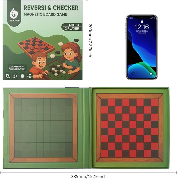 2-in-1 Checkers & Reversi Board Game | Magnetic Travel Games for Kids 8-12 | Plane Activities for Kids Ages 8-12 | Foldable Magnetic Checkers & Travel Activities