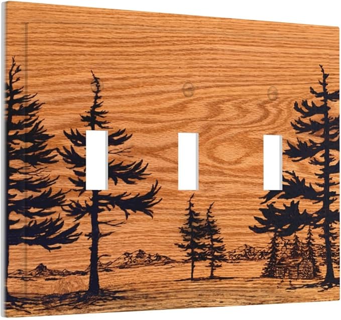 Pine Forest Natural Scenery Silhouette Wood Grain Decorative Switch Plates 3 Gang Wall Plate Triple Toggle Light Switch Cover Faceplate Electrical Wall Panels for Farmhouse Home Decor