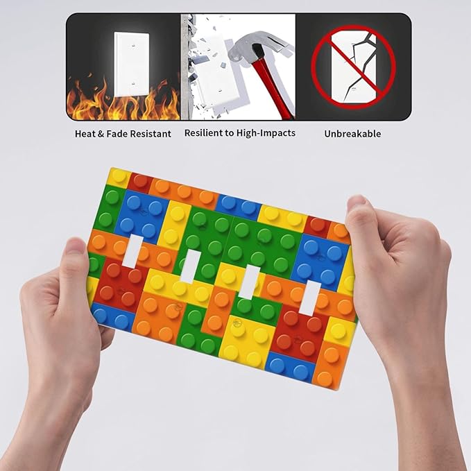 Building Blocks Theme Colored Bricks Print Light Switch Covers Quad Toggle Electrical Faceplate 4 Gang Wall Plate Decorative Switch Plates Cover for Room Office Home Decor