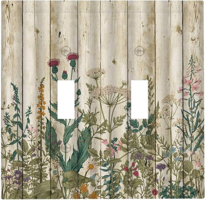 Vintage Wild Flowers Botanical Green Leaves Plants Double Toggle Light Switch Covers Decorative Rustic Wood Plank 2 Gang Wall Plate Dual Electrical Faceplate Switchplate for Farmhouse Bathroom