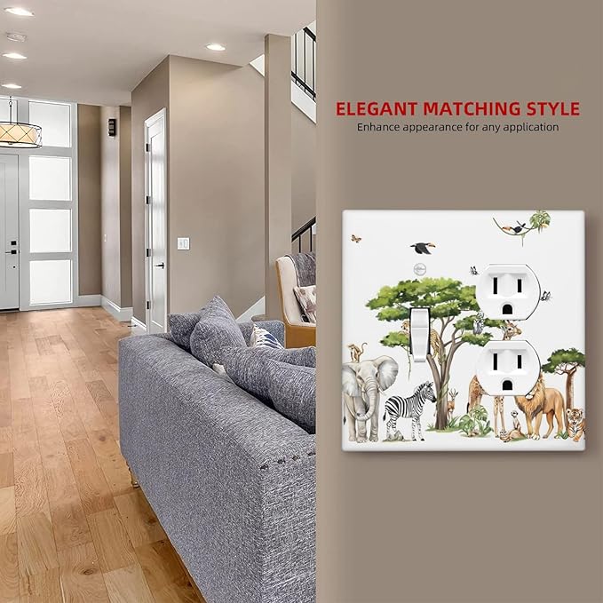 Large Animals Elephant Giraffe Jungle Lion Leopard Zebra Wallplates 1 Toggle 1 Duplex Switch Plate Electrical GFCI Faceplate Decorative Light Switch Covers for Kids Room Nursery Decor