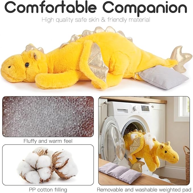 ARELUX Giant Weighted Winged Dragon Plush Toy - 35.4" 5lbs Soft Stuffed Animal, Pterosaur Plushie Fuzzy Dinosaur Pillow Plushies Cuddly Removable and Washable Yellow
