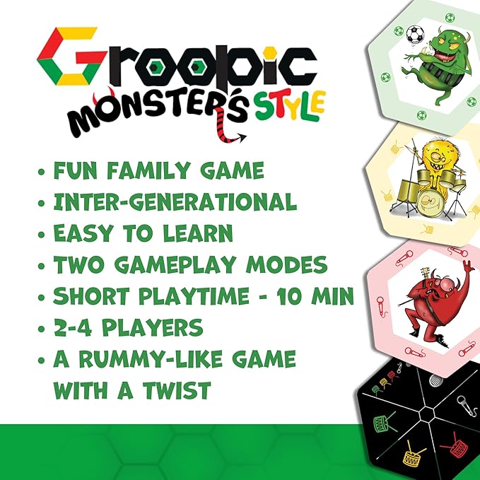 Groopic Monster's Style – Award-Winning and Fun Twist on The Beloved Rummy Game. Board Games for Kids 8-12 & Families, Innovative Rummy Card Game Set. Monster Games for Kids, Ages 8+, Players 2-4