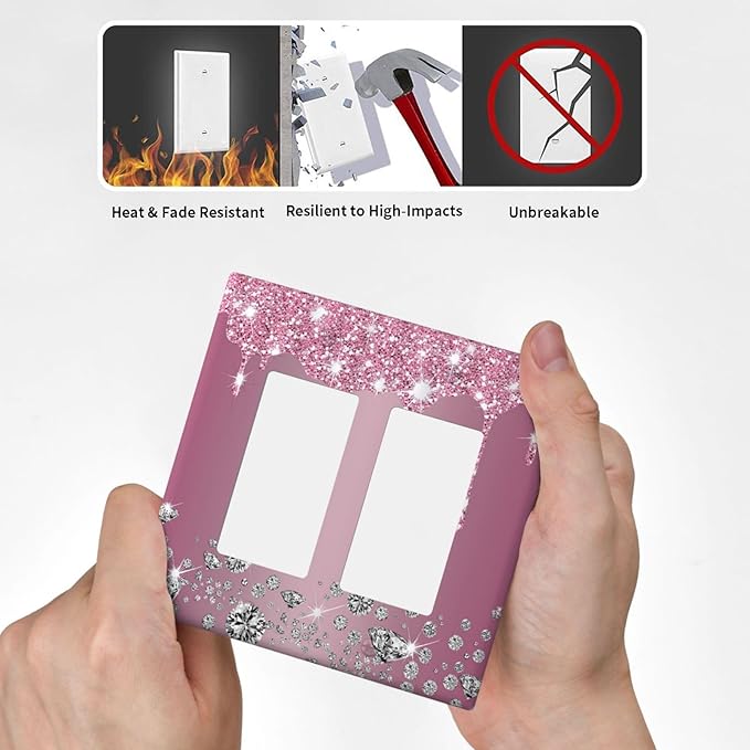 Sparkling Diamonds Pink Silver Glitter Drops Print 2 Gang Rocker Decora Light Switch Covers Decorative Unique Dual Outlet Covers Wall Plate Electrical Faceplate Switchplate GFCI for Bedroom Decor