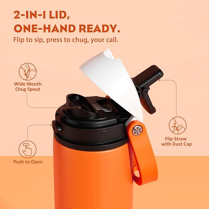 POWCAN 24 oz Steel Insulated Water Bottle: 2-in-1 Push-Button Spout & Quick-Flip Straw, Leakproof, Cold 24Hrs, Lockable, Fits Car Cup Holder, Ideal for Sports, Trip, Gym, School, Gift (Sunny Puppy)