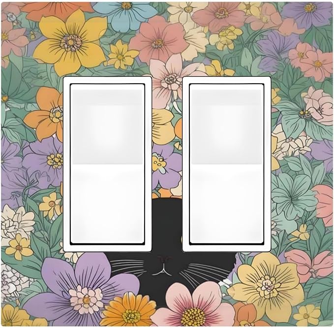 Decorative Outlet Covers Funny Cute Cartoon Cat Floral Colorful Flower 2 Gang Double Gfci Rocker Electrical Wall Panels Light Switch Cover Plate For Kids Room Nursery Decor