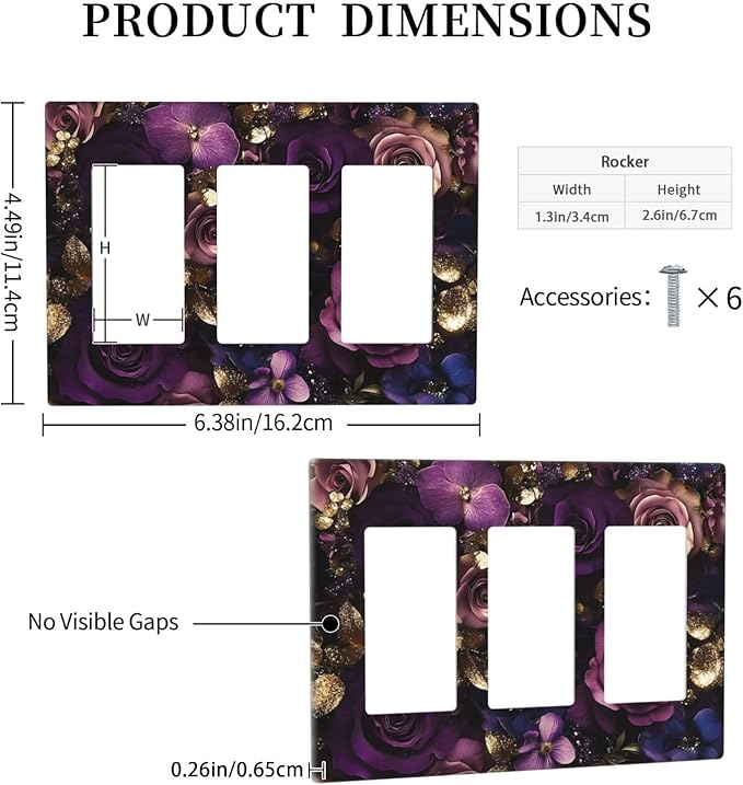 Decorative Light Switch Plate with Luxurious Purple Roses Gold Accents Leaves Design 3 Gang Outlet Covers Triple Rocker Wall Plate Switch Plate Cover for Romantic Bedroom/Living Room Decor