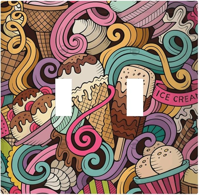 Cartoon Hand Drawn Ice Cream Doodles Colorful Print Decorative Switch Plates 2 Gang Double Toggle Outlet Light Switch Cover Wall Plate Electrical Faceplate for Kids Room Nursery Decor
