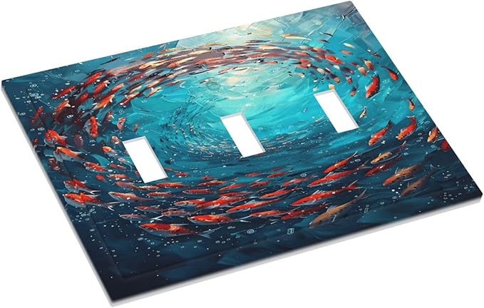 Ocean Fish School Of Fish Vortex Deep Sea Decorative Switch Plates 3 Gang Wall Plate Triple Toggle Light Switch Cover Faceplate Electrical Wall Panels for Kids Room Bedroom Decor