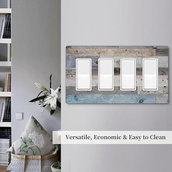 Western Barn Cabin Blue Wooden 4 Gang Quad Device Screwless Decorator GFCI/Rocker Wall Plate Farmhouse Rustic Kitchen Teal Wood Plank Board Light Switch Dimmer Receptacle Outlet Cover Standard Size