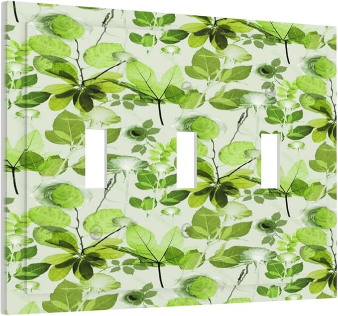 Green Leaves Spring Plant Floral Decorative Switch Plates 3 Gang Wall Plate Triple Toggle Light Switch Cover Faceplate Electrical Wall Panels for Bed Room Living Room Decor