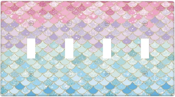 Colorful Mermaid Scales Quad Toggle Light Switch Cover Decorative Blue Cute 4 Gang Wall Plate Electrical Faceplate Switchplate for Bathroom Girls Bedroom Kids Baby Nursery Living Room Decor