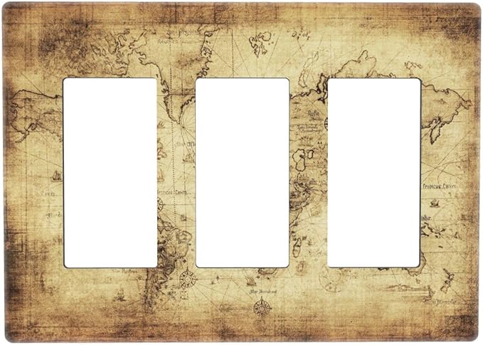 Old World Ocean Map 3 Gang Triple Rocker/Decora Light Switch Wall Plate Cover Decorative Electrical Faceplate Switchplate for Bathroom Living Room Decor