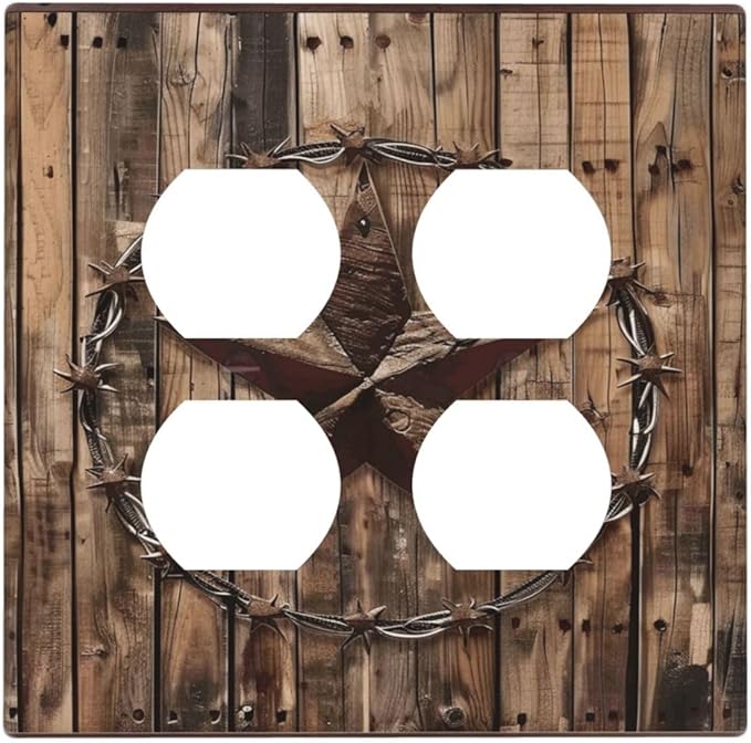 Outlet Covers Rustic Star Western Cowboy Wood 2 Gang Decorative Light Switch Cover Double Duplex Wall Plates Switch Plates Electrical Socket Covers for Farmhouse Home Decor