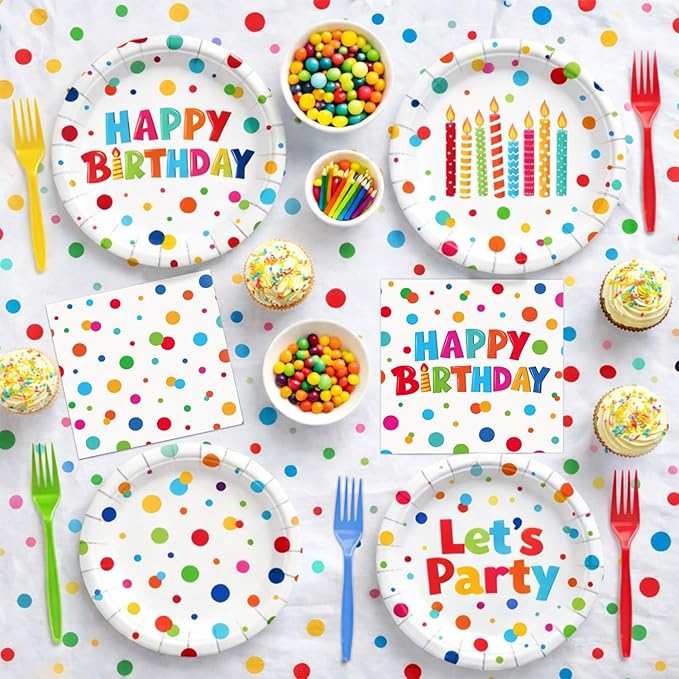 Kinovo 96 Pcs Happy Birthday Paper Plates Tableware Set (Serves 24), Birthday Dots Dots Design Supplies Set Include Plates Napkins Forks for Party