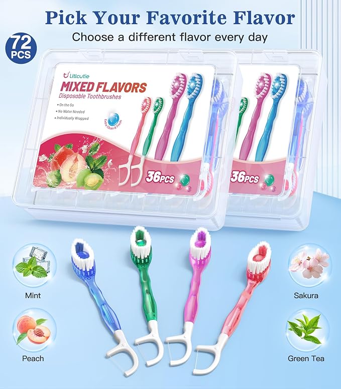 72 Pack 5-in-1 Disposable Toothbrushes with Toothpaste, Floss, Pick & Tongue Scraper, Portable Mini Toothbrush Travel Set for Kids Adults, Individually Wrapped, Work Camping, Mixed Flavor