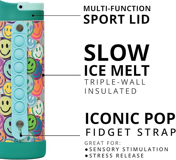 Elemental Iconic Kids Water Bottle for School - 100% Leak-Proof Insulated Water Bottles with Straw Lid & Pop-It Handle for Boys & Girls - Triple-Wall Insulated & BPA-Free, 14oz – Graffiti Smile