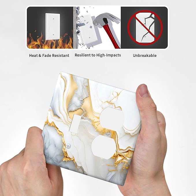 Exquisite White Gold Marble Abstract Luxurious Print Wallplates 1 Toggle 1 Duplex Switch Plate Electrical GFCI Faceplate Decorative Light Switch Covers for Bathroom Kitchen Decor