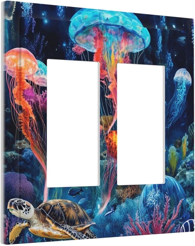 Jellyfish Sea Turtle Fantasy Ocean Coral Underwater World Decorative Outlet Covers 2 Gang Double GFCI Rocker Electrical Wall Panels Light Switch Cover Plate for Nursery Kids Room Decor