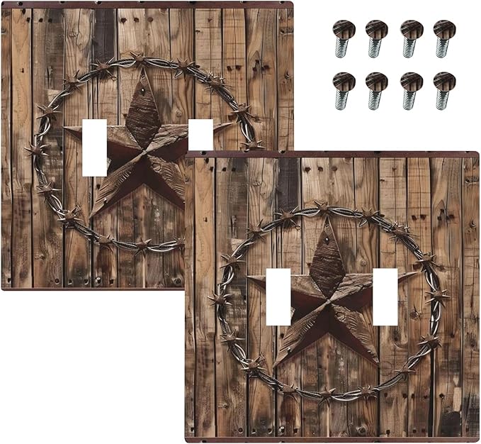 Outlet Covers Rustic Star Western Cowboy Wood 1 Gang Duplex Light Switch Cover Plate Decorative Wall Plates Electrical Switchplate Receptacle for Farmhouse Home Decor（2 Pack）