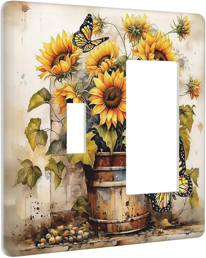 Outlet Covers Rustic Vintage Sunflower Bouquet Butterfly 1 Toggle 1 Rocker Combination Decorative Wall Plate Light Switch Cover Plate Electrical Switch Plates for Farmhouse Cabin Decor
