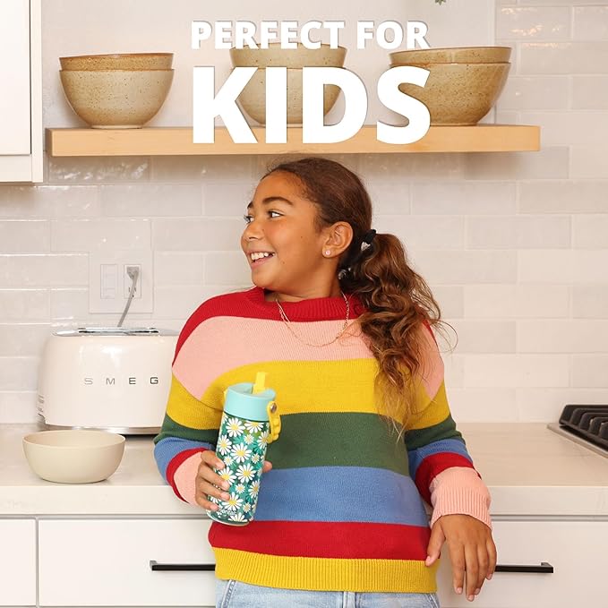 Elemental Water Bottles for Kids - Splash Kids Water Bottle for School with Pop-it Handle - BPA Free Tritan Plastic Water Bottle with Straw Leak Proof when Spout is Closed - Daisy Heart - 18oz