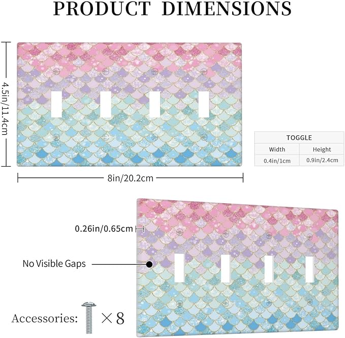 Colorful Mermaid Scales Quad Toggle Light Switch Cover Decorative Blue Cute 4 Gang Wall Plate Electrical Faceplate Switchplate for Bathroom Girls Bedroom Kids Baby Nursery Living Room Decor