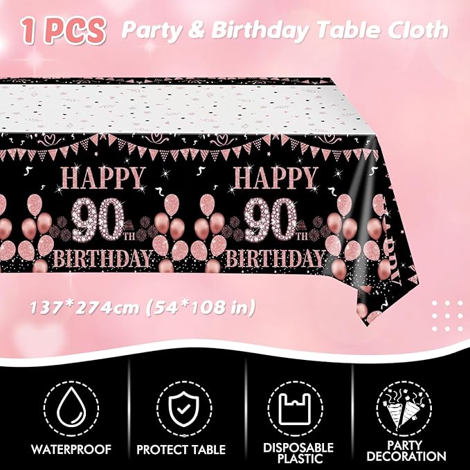 41Pcs 90th Birthday Decorations for Women, Vintage 90 Birthday Black and Rose Gold Disposable Paper Plates and Napkins Party Supplies for 20 Guests, 41Pcs Include 7" Plates Napkins and Tablecloth