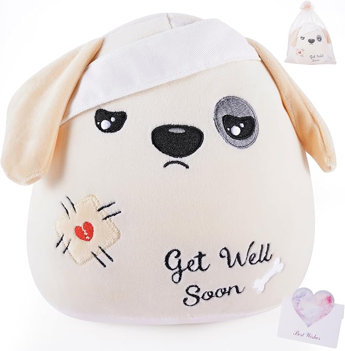 Get Well Soon Dog Plush - Dog Stuffed Animals Apricot Plushie Toys with Injury Bandage, Kids' Pillow Cushion, Gifts for Patient Girls Boys，9 Inch