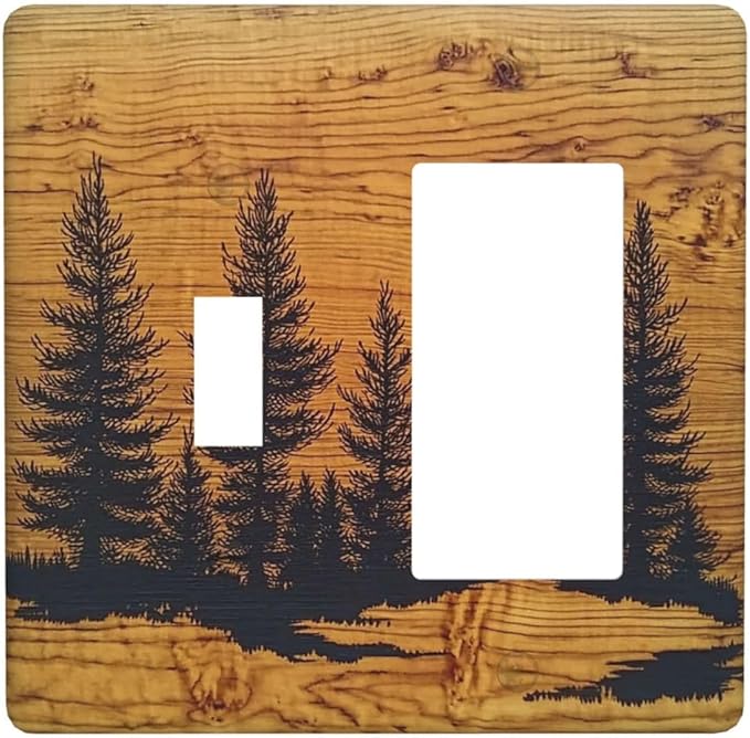 Outlet Covers Forest Pine Silhouette Rustic Wood Grain 1 Toggle 1 Rocker Combination Decorative Wall Plate Electrical Switch Plates Light Switch Cover Plate For Farmhouse Cabin Decor