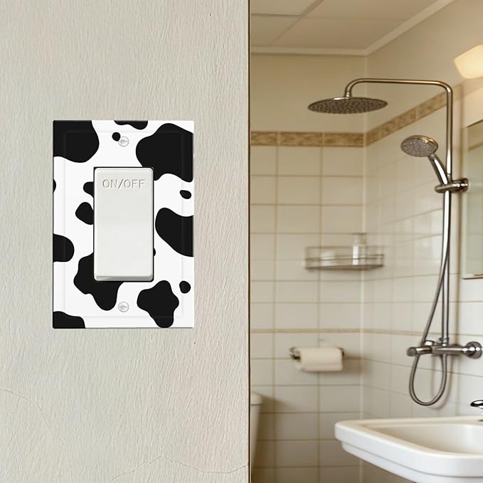 Cow Print Single Rocker Switch Cover - 1-Gang Standard US Size Farmhouse Cowhide Light Switch Covers, Black & White Rustic Animal Print for Country Homes
