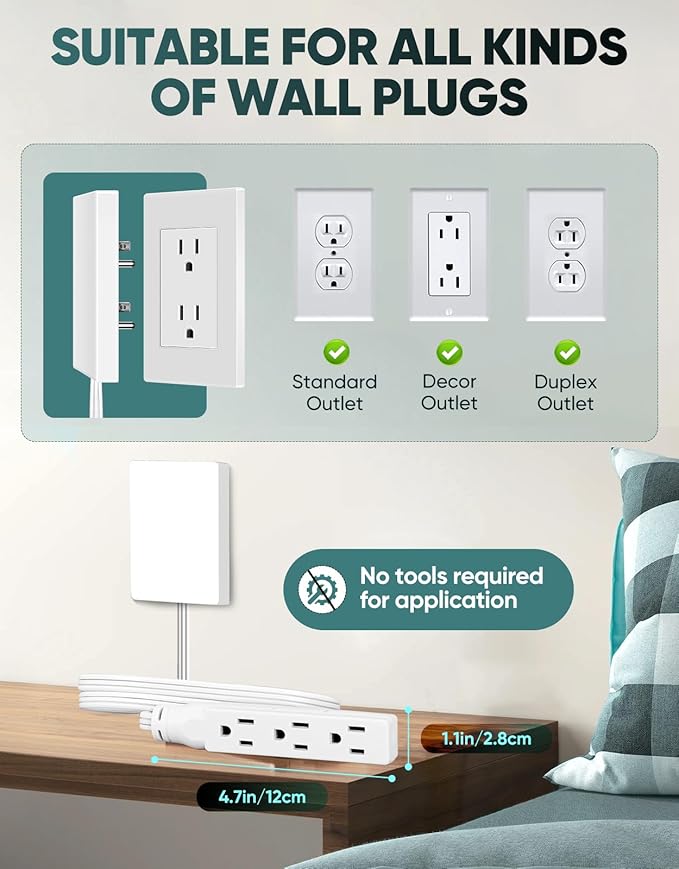 SakerPlus Outlet Concealer Power Strip-Outlet Cover Extender with 3AC Outlets-10ft Flat Plug Extension Cord,Universal Size,1625W for Kitchen, Home and Office,Child & Pet Safe(Dual 10 Foot)