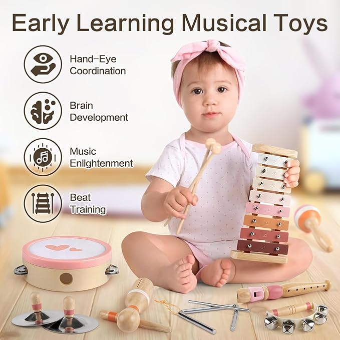Vanplay Musical Toys for 2 Year Old Girls Easter Birthday Gifts, Montessori Toys for 2 3 Year Old, 8 in 1 Wooden Musical Instruments with Xylophone/ Tambourine/Maracas for Toddler 2-4