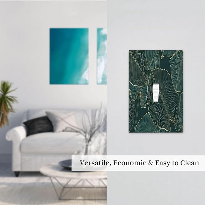 Gold Tropical Green Botanical Palm Leaves Decorative Light Switch Cover 1 Gang Single Toggle Device Electrical Faceplate Switchplates Decorator Outlet Wall Plate for Bedroom Living Room Decor