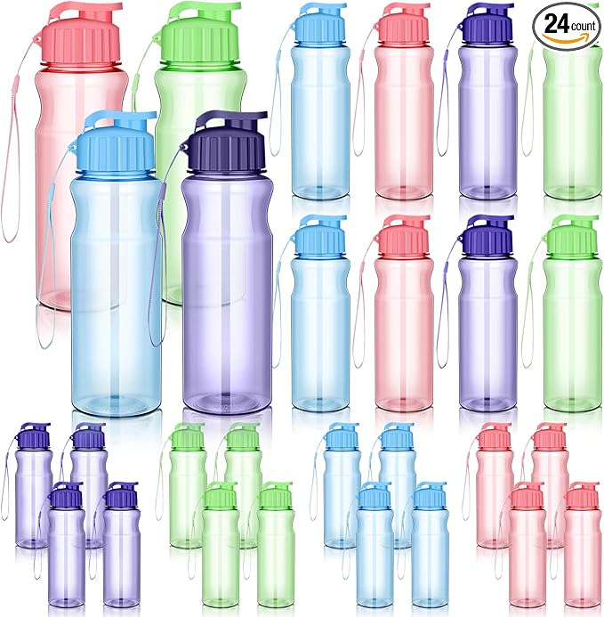 Ziliny 24 Pcs 17 oz Plastic Water Bottles Bulk Large Reusable Leak Proof Flip Top Sports Gym Water Bottles with Handle Strap for Kids and Adults for Summer School Travel