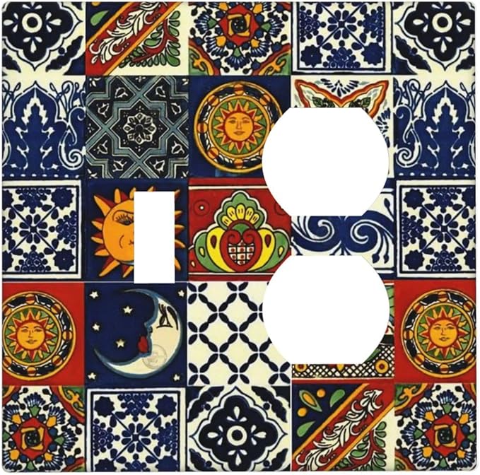 Mystic Boho Blue/Red Hippie Sun and Moon Mosaic 2-Gang 1-Toggle 1-Duplex Device Combination Wallplate Mexican Talavera Tile One Toggle Switch and One Duplex Receptacle Outlet Combo Light Switch Cover