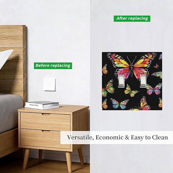 Vibrant Rainbow Butterflies on Black Double Toggle Switch Cover - 2-Gang Standard US Size Enchanted Garden Butterfly Light Switch Covers for Bedroom Decor