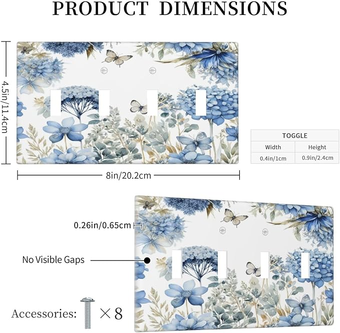 Decorative Light Switch Plate Covers Boho Blue Flowers Rustic Beige Butterfly Leaves 4 Gang Wall Plate Switch Cover Plate Quad Toggle Jumbo Electrical Faceplate for Country Home Decor