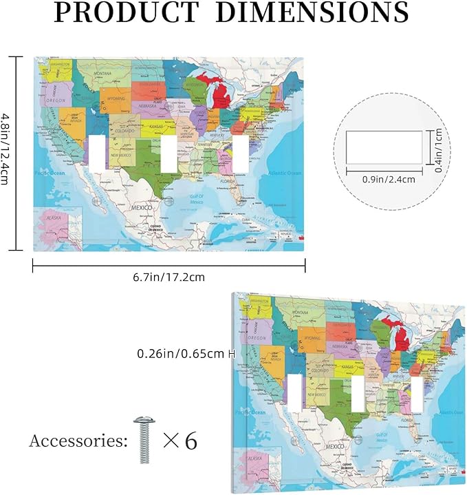 USA Map 3 Gang Triple Toggle Light Switch Wall Plate Cover Decorative Electrical Faceplate for Rustic Barn Door Home Living Room Decorate 6.7" x 4.8