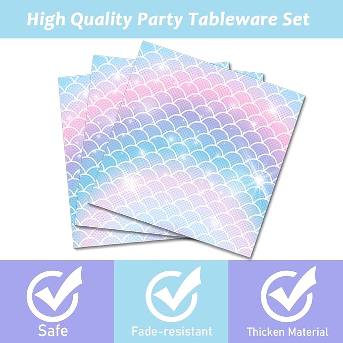 ZOIIWA 96 Pieces Mermaids Themed Party Decorations Mini Under the Sea Tableware for Girls Clam Shell Dessert Plates Napkins Forks for 24 Guests Birthday Party Favors