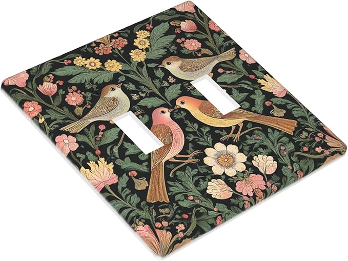 Vintage Bird Floral 2-Gang Double Toggle Switch Plate, Dark Green Bird Flower Wall Plate for Home, Bedroom, Sunroom & Bathroom